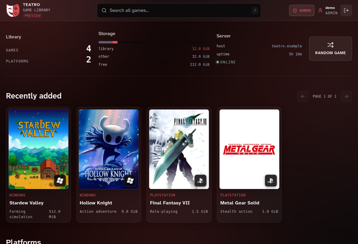 Teatro's browser library showing Stardew Valley, Hollow Knight, Final Fantasy VII and Metal Gear Solid
